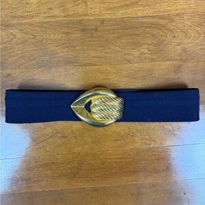 Vintage Day-Lor Belt Navy Stretch Statement Buckle Brass 80s 90s